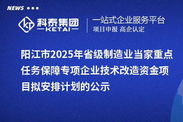 陽江市2025年省級制造業(yè)當家重點任務(wù)保障專項企業(yè)技術(shù)改造資金項目擬安排計劃的公示